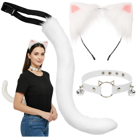 Strój Kota Lisa Wilka RUHHY Ogon Uszy Choker Biały Przebranie 3w1 Therian