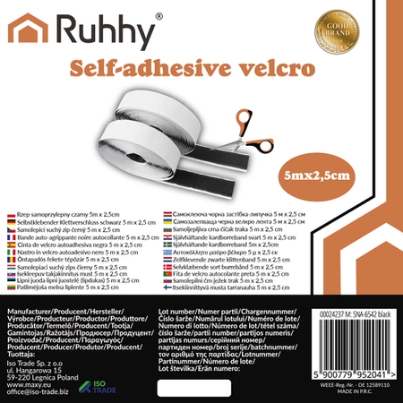 Taśma Rzep Samoprzylepna z Klejem 25 mm Czarny 5 mb Zestaw Haczyk Pętelka Ruhhy 24237