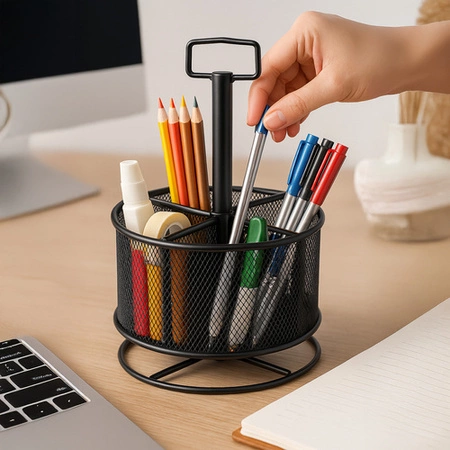 Organizer na Biurko Kredki Przybornik Duży Metalowy Czarny Obrotowy Siatka