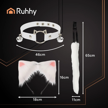 Strój Kota Lisa Wilka RUHHY Ogon Uszy Choker Biały Przebranie 3w1 Therian