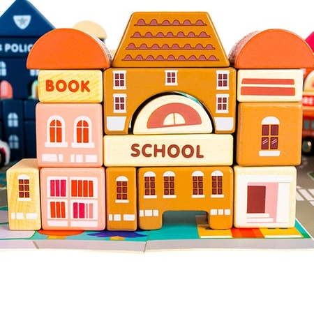 Klocki Miasto Drewniane Auta Zestaw + Puzzle Mata 115 Klocków Edukacyjne KRUZZEL