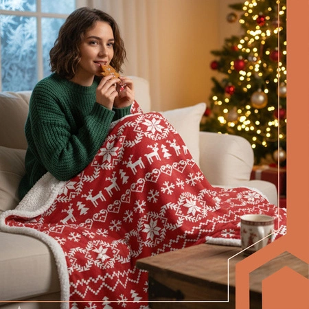 Koc Narzuta Kapa Pled na Łóżko RUHHY Dwustronny Świąteczny Baranek 130x170