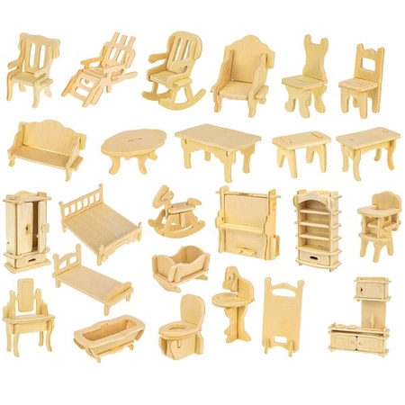 Mebelki dla Lalek Drewniane Meble do Domku Zestaw 34 Mebli Akcesoria DIY KRUZZEL