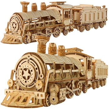 Drewniane Puzzle 3D Model Lokomotywa Parowa z Wagonem Układanka DIY 282 el Kruzzel 26515