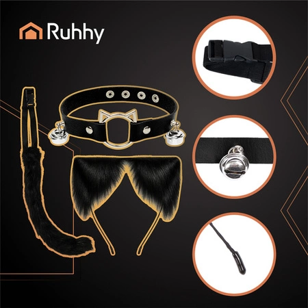 Strój Kota Lisa Wilka RUHHY Ogon Uszy Choker Czarny Przebranie 3w1 Therian