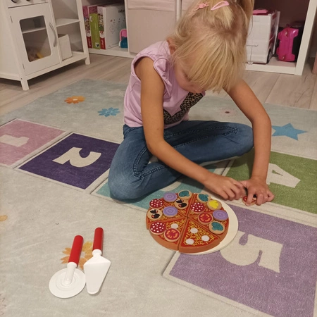 Drewniana Pizza do Krojenia dla Dzieci na Rzep + Nóż Rzepy Duża Dodatki KRUZZEL