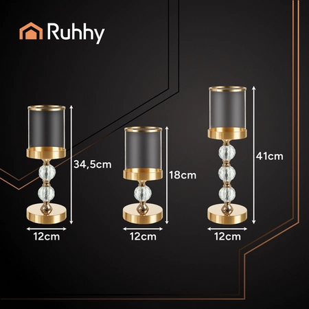 Lampion Świecznik Szklany Ruhhy Złoty Glamour Zestaw Trzy sztuki na Nodze