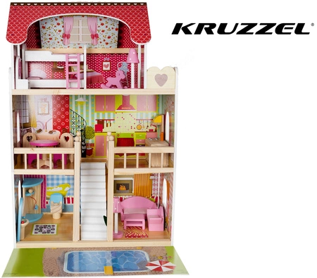Domek dla Lalek Drewniany Duży + LED Akcesoria Meble Mebelki Zestaw Willa KRUZZEL