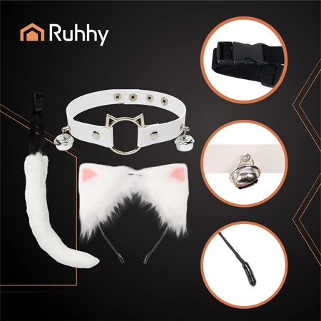 Strój Kota Lisa Wilka RUHHY Ogon Uszy Choker Biały Przebranie 3w1 Therian