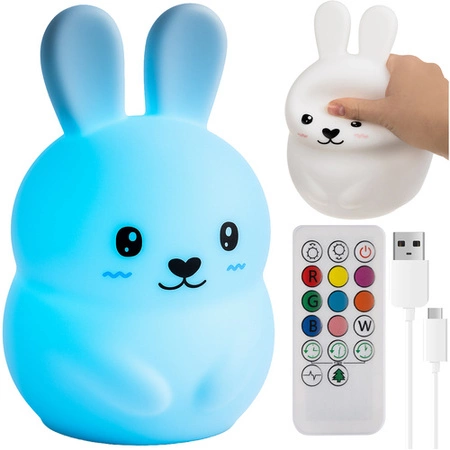 Lampka Nocna dla Dzieci Królik LED RGB 3 Tryby Silikonowa + Pilot USB XL Izoxis 26204