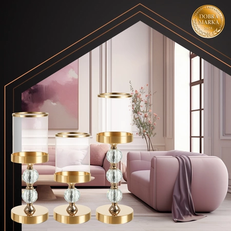 Lampion Świecznik Szklany Ruhhy Złoty Glamour Zestaw Trzy sztuki na Nodze