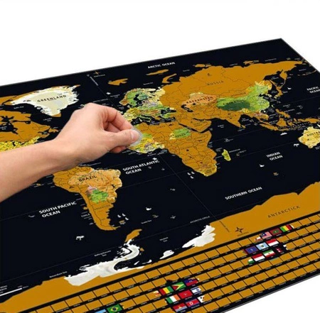 Mapa Świata Zdrapka Prezent dla Podróżnika Złota Plakat + Akcesoria Flagi MALATEC