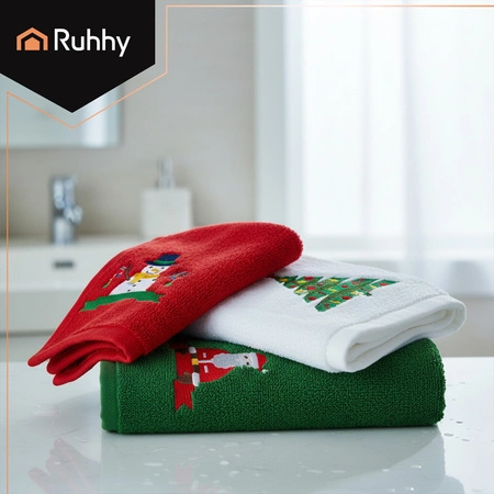 Ręczniki Świąteczne RUHHY 3szt Bawełniane z Haftem Czerwony Zielony Biały