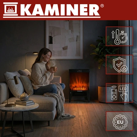 Kominek Elektryczny Wolnostojący 2000W 2 Funkcje Grzejnik Termowentylator Kaminer