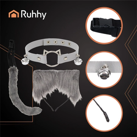 Strój Kota Lisa Wilka RUHHY Ogon Uszy Choker Szary Przebranie 3w1 Therian