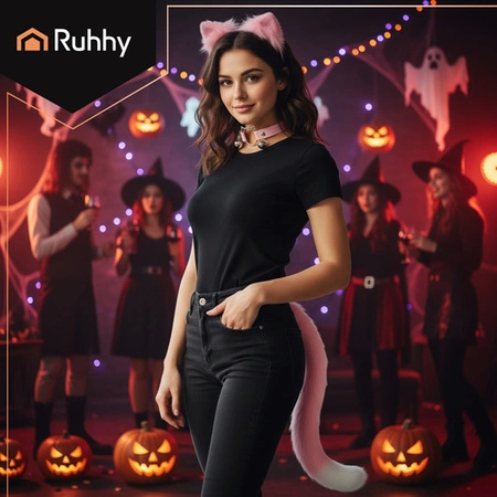 Strój Kota Lisa Wilka RUHHY Ogon Uszy Choker Różowy Przebranie 3w1 Therian