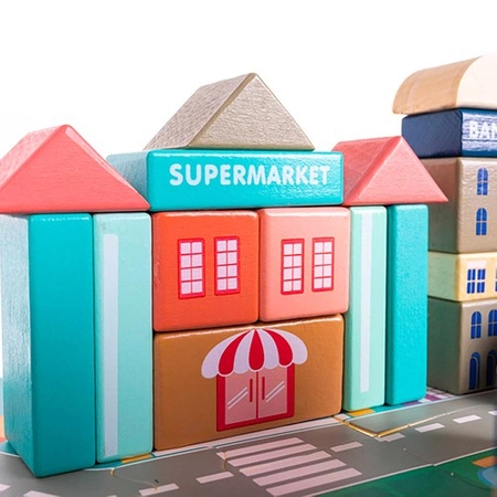 Klocki Miasto Drewniane Auta Zestaw + Puzzle Mata 115 Klocków Edukacyjne KRUZZEL