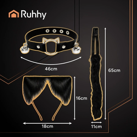 Strój Kota Lisa Wilka RUHHY Ogon Uszy Choker Czarny Przebranie 3w1 Therian