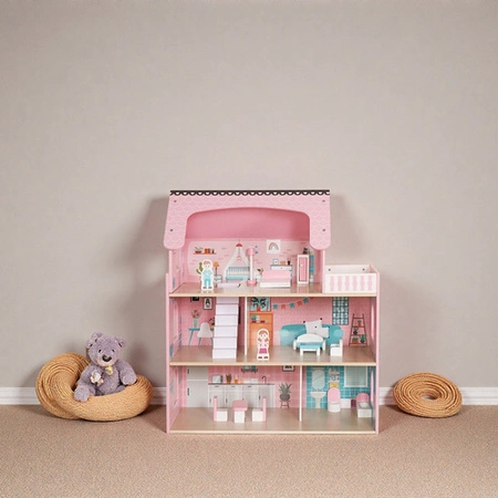 Domek dla Lalek Drewniany Duży Oświetlenie LED Mebelki Akcesoria 3 Poziomy Kruzzel 26364