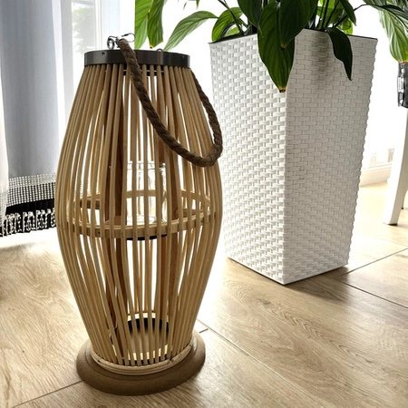Lampion Bambusowy Drewniany Rattanowy 40cm na Taras ze Szkłem Beż Świecznik