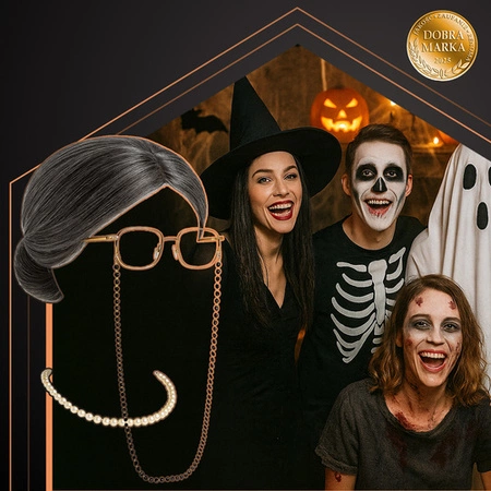 Strój Babci Kostium Starszej Pani Babcia Peruka Okulary Perły na Halloween Ruhhy 26149