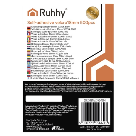 Rzep z Klejem Samoprzylepny Taśma Okrągła 18mm Zestaw Haczyk Pętelka 500szt Ruhhy 25884