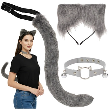 Strój Kota Lisa Wilka RUHHY Ogon Uszy Choker Szary Przebranie 3w1 Therian