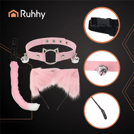 Strój Kota Lisa Wilka RUHHY Ogon Uszy Choker Różowy Przebranie 3w1 Therian