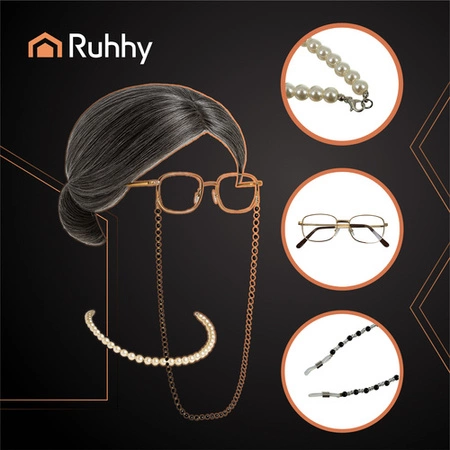 Strój Babci Kostium Starszej Pani Babcia Peruka Okulary Perły na Halloween Ruhhy 26149