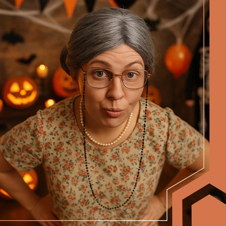 Strój Babci Kostium Starszej Pani Babcia Peruka Okulary Perły na Halloween Ruhhy 26149