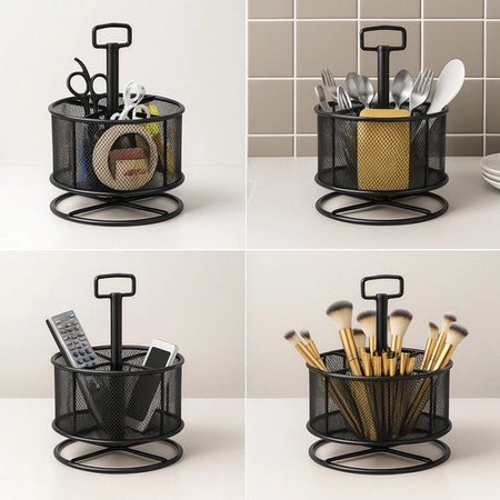 Organizer na Biurko Kredki Przybornik Duży Metalowy Czarny Obrotowy Siatka