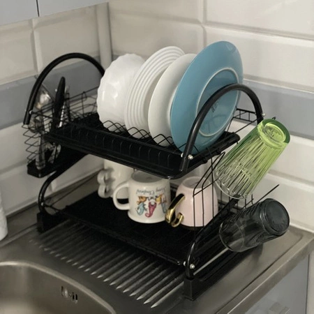 Suszarka do Naczyń Ociekacz Dwupoziomowa Stojąca Czarna Duża na Sztućce RUIHHY