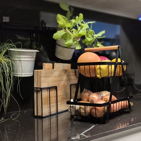 Kosz na Owoce Koszyk Czarny Metalowy i Warzywa 2 Piętrowy Loft Dwupoziomowy RUHHY