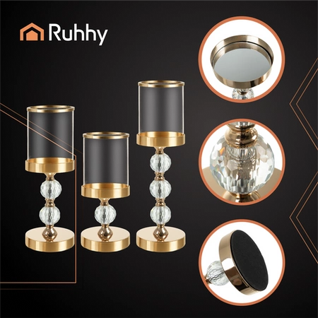 Lampion Świecznik Szklany Ruhhy Złoty Glamour Zestaw Trzy sztuki na Nodze