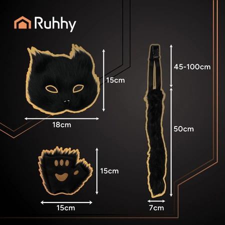 Strój Kota Lisa Wilka RUHHY Czarny Maska Ogon Łapki Przebranie 4w1 Therian