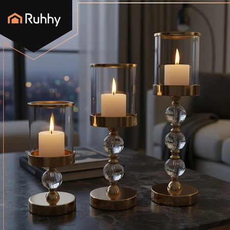 Lampion Świecznik Szklany Ruhhy Złoty Glamour Zestaw Trzy sztuki na Nodze