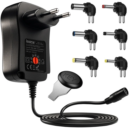 Zasilacz Uniwersalny Regulowany Ładowarka 3-12V Sieciowy USB 30W 6 Końcówek Izoxis 26106