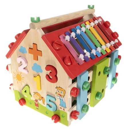 Sorter Drewniany Domek Edukacyjny Cyfry Kostka Cymbałki Kulki dla Dzieci KRUZZEL