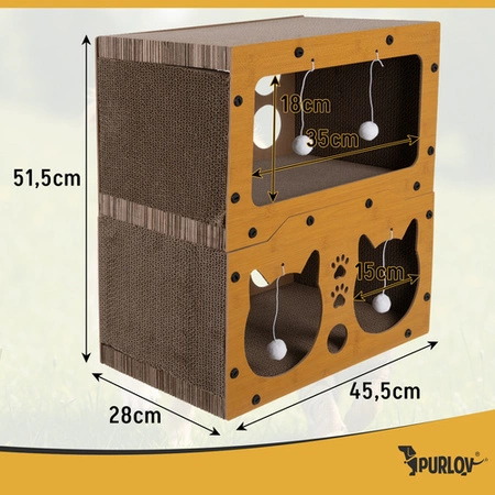 Drapak Domek dla Kota Purlov Dwupiętrowy Legowisko z Tektury i HDF