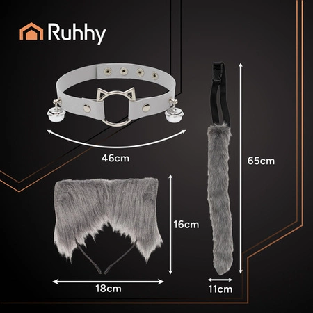 Strój Kota Lisa Wilka RUHHY Ogon Uszy Choker Szary Przebranie 3w1 Therian