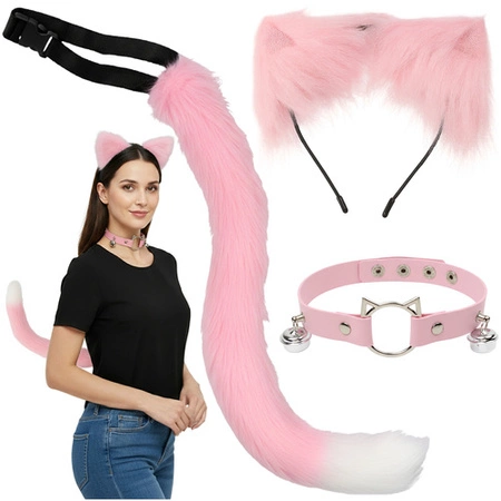Strój Kota Lisa Wilka RUHHY Ogon Uszy Choker Różowy Przebranie 3w1 Therian