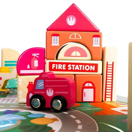 Klocki Miasto Drewniane Auta Zestaw + Puzzle Mata 115 Klocków Edukacyjne KRUZZEL