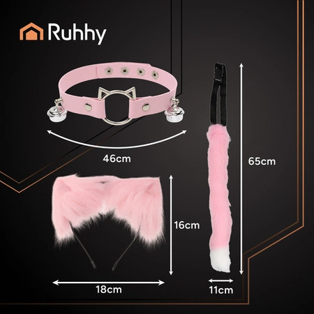 Strój Kota Lisa Wilka RUHHY Ogon Uszy Choker Różowy Przebranie 3w1 Therian