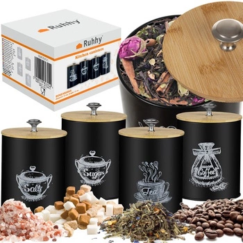 Zestaw Pojemników Metalowych 4 Pojemniki na Żywność Kawa Herbata Sól Cukier RUHHY