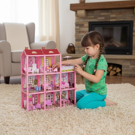 Domek dla Lalek Iso Trade 3 Poziomowy Willa Balkon Lalka Mebelki na Prezent 27054