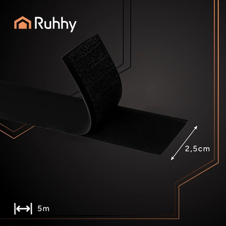 Taśma Rzep Samoprzylepna z Klejem 25 mm Czarny 5 mb Zestaw Haczyk Pętelka Ruhhy 24237