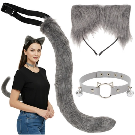 Strój Kota Lisa Wilka RUHHY Ogon Uszy Choker Szary Przebranie 3w1 Therian