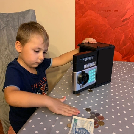 Sejf Skarbonka na PIN Banknoty Bankomat Monety + Kod Wpłatomat dla Dzieci KRUZZEL