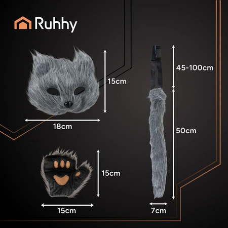 Strój Kota Lisa Wilka RUHHY Czarny Maska Ogon Łapki Przebranie 4w1 Therian