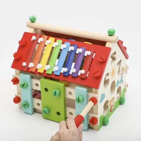 Sorter Drewniany Domek Edukacyjny Cyfry Kostka Cymbałki Kulki dla Dzieci KRUZZEL